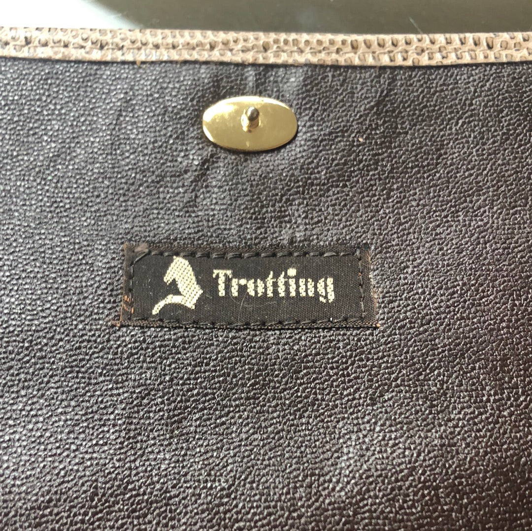 Brown patchwork flat purse with shoulder strap