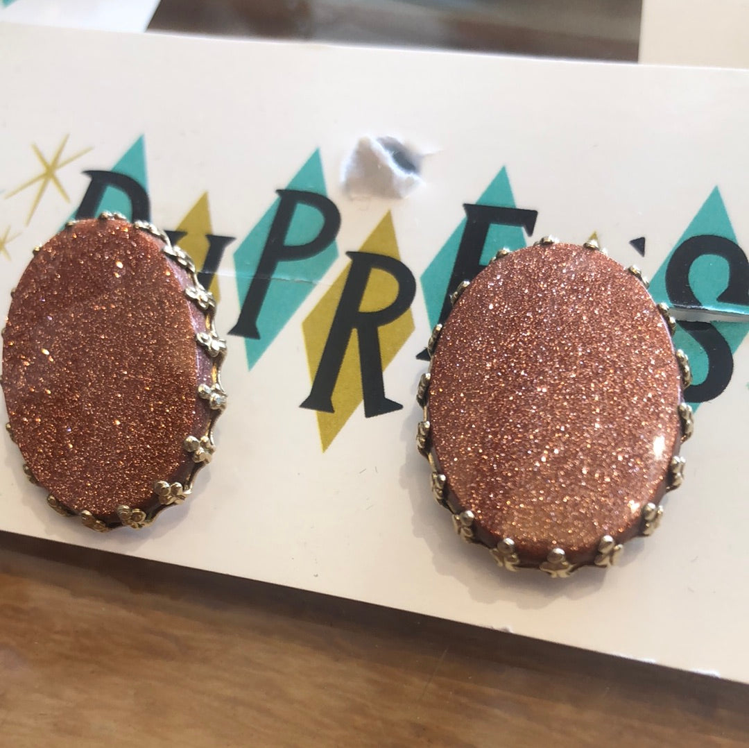 Copper sparkle oval clip on earring