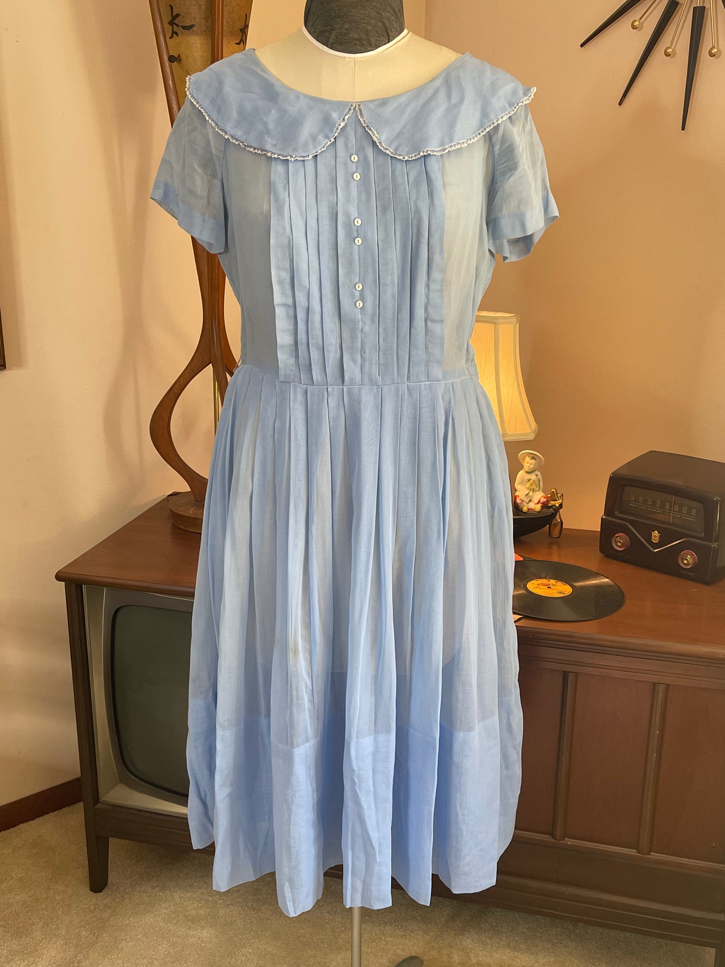 Blue Pleated Sheer Day Dress