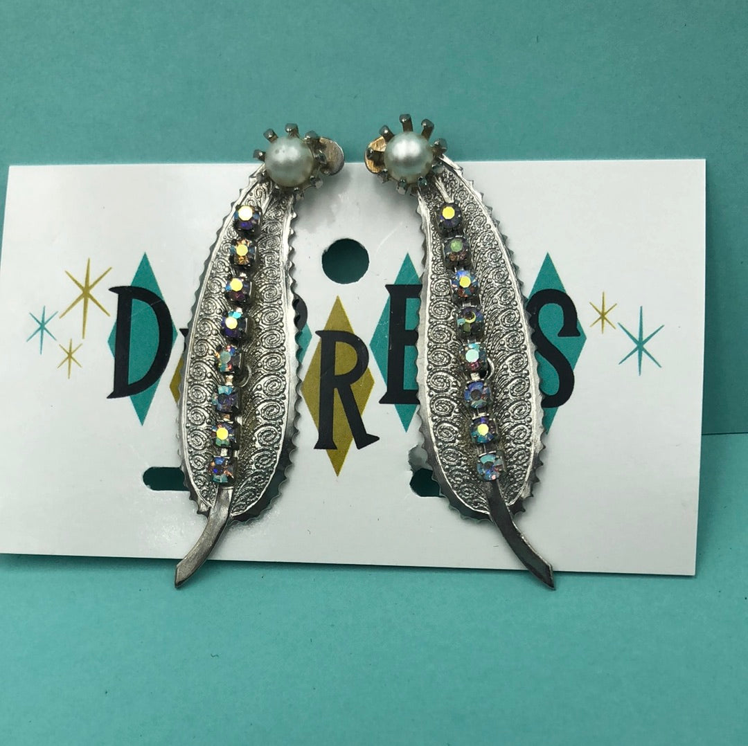 Silver leaf with pearl & rhinestone clip on earrings
