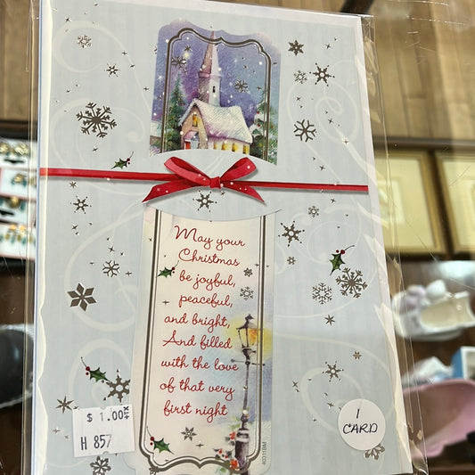 Snowy church holiday card with bookmark