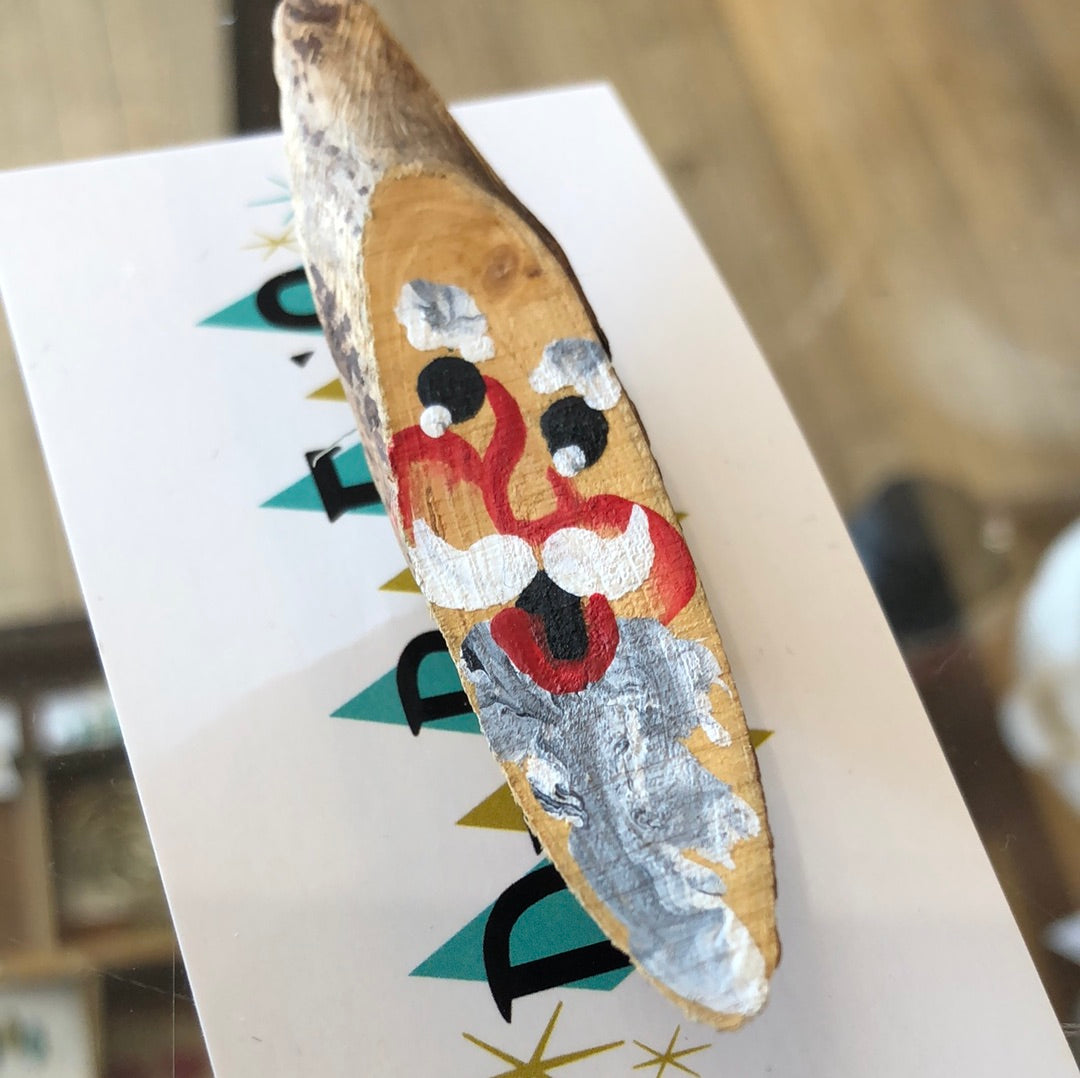 Hand Painted Wooden Santa Face Pin
