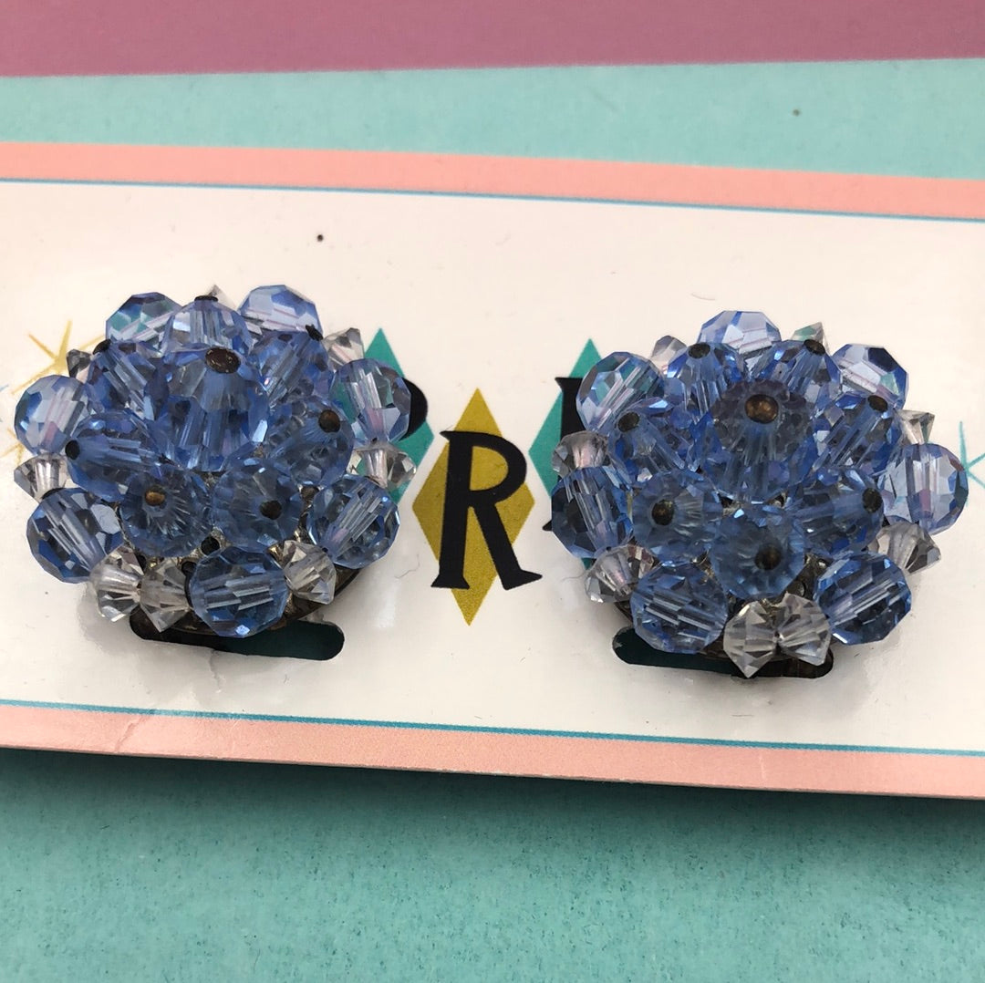 Blue crystal bead cluster clip on earring