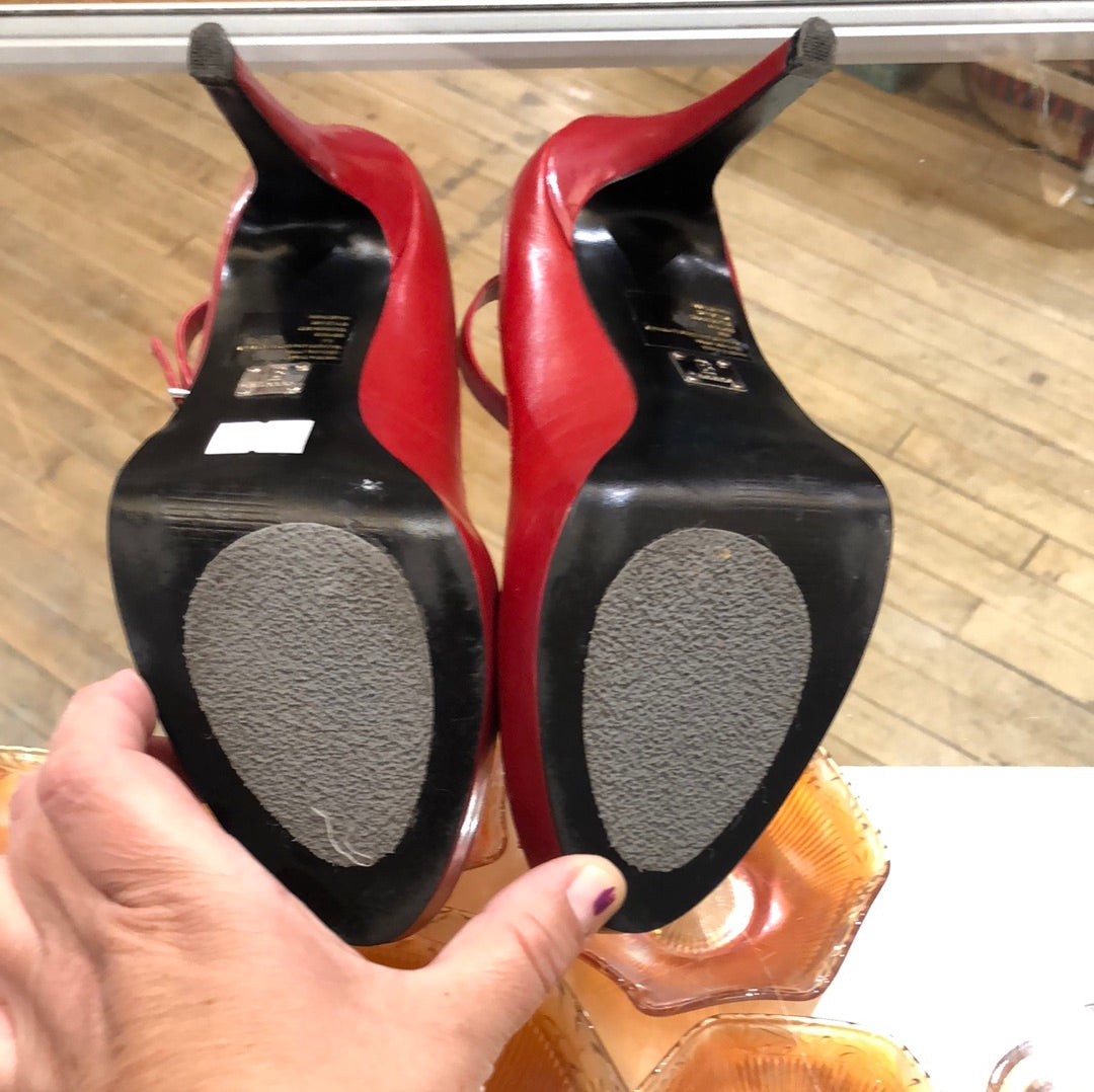 Red leather ankle strap peep toe heels