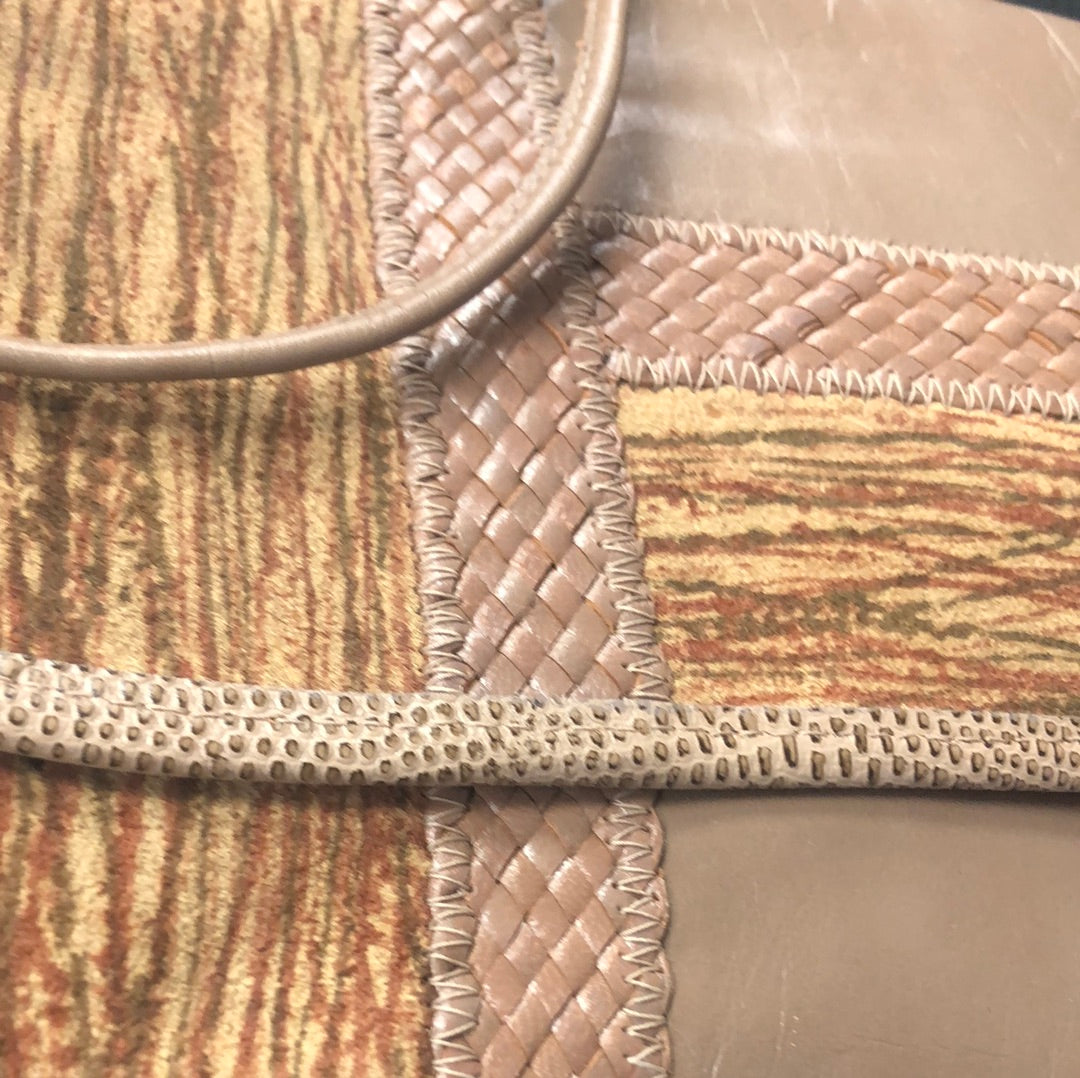 Brown patchwork flat purse with shoulder strap