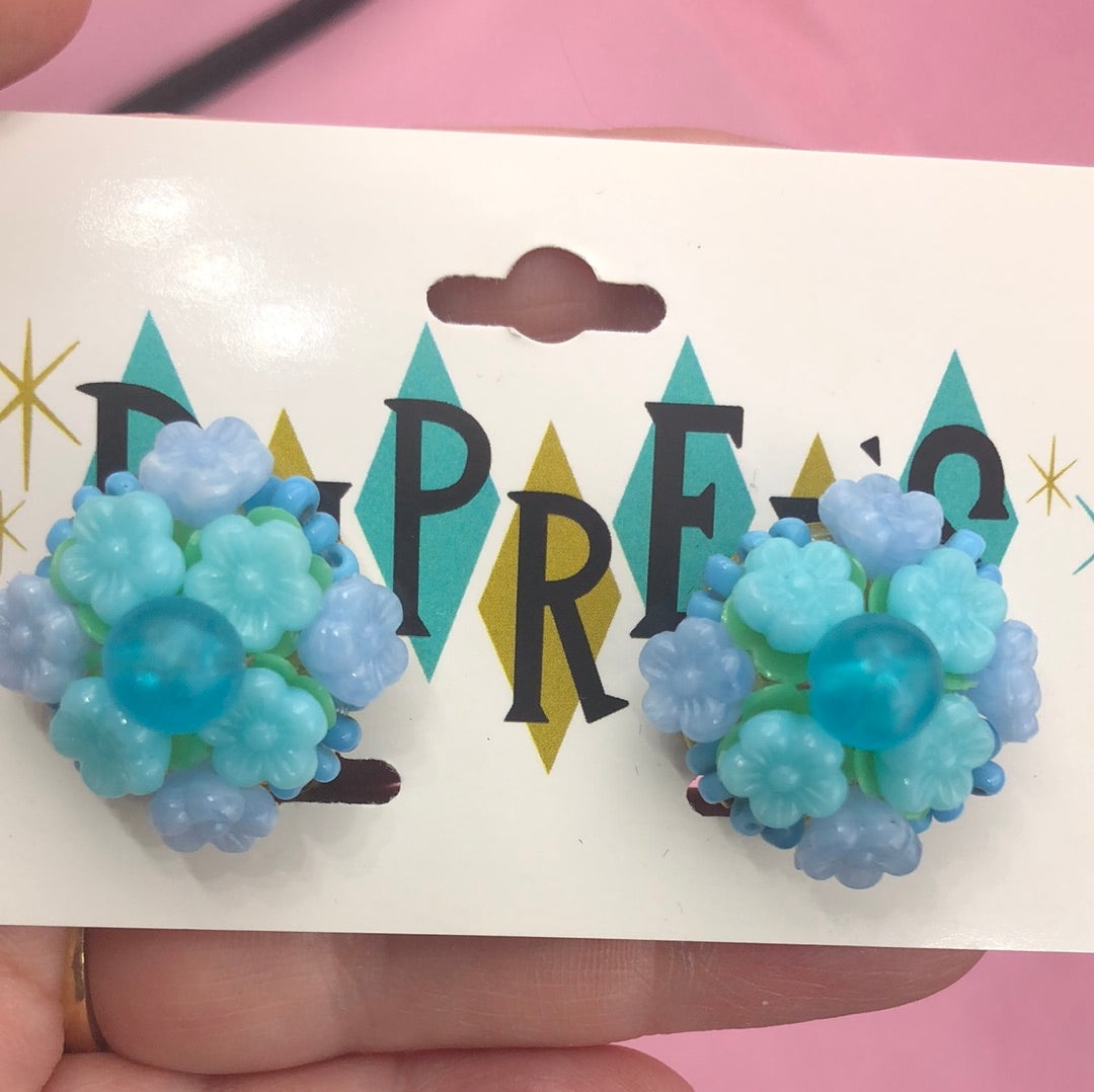 Blue Floral bead cluster clip on earrings