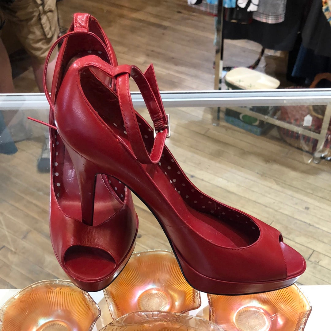 Red leather ankle strap peep toe heels