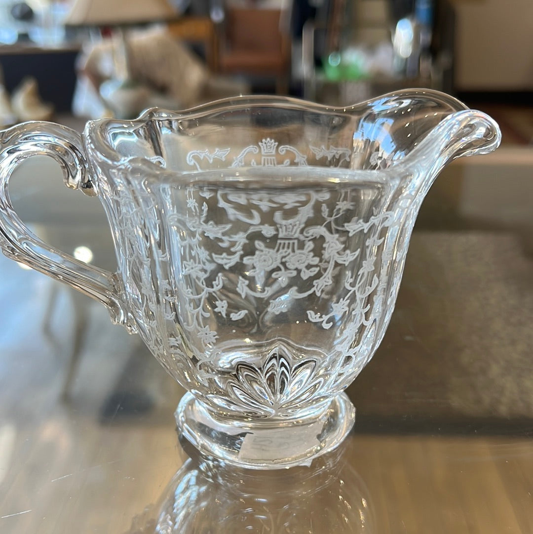 Etched glass sugar and creamer