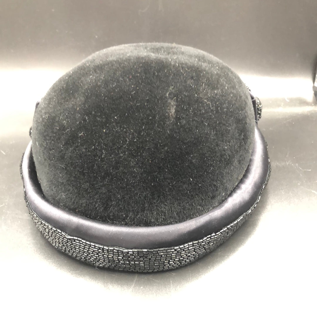 Black velvet hat with Black satin band and bugle bead trim