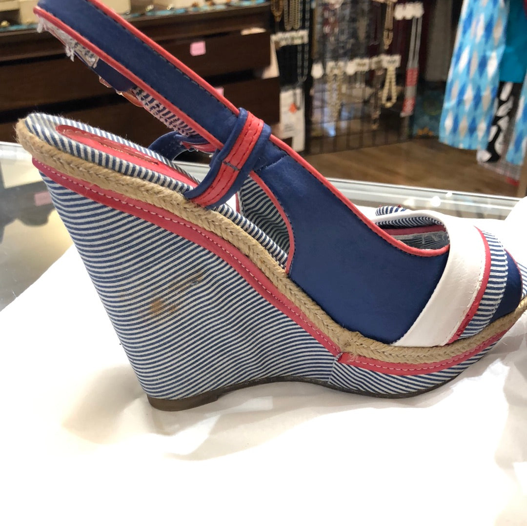 Nautical Red, White, and Blue Peep Toe Wedge