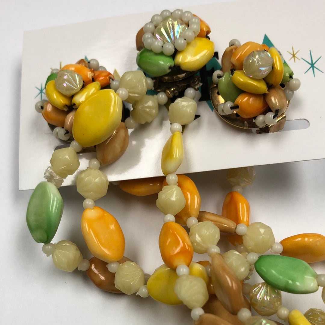 Yellow, Orange and Green 3 strand necklace with clip earrings