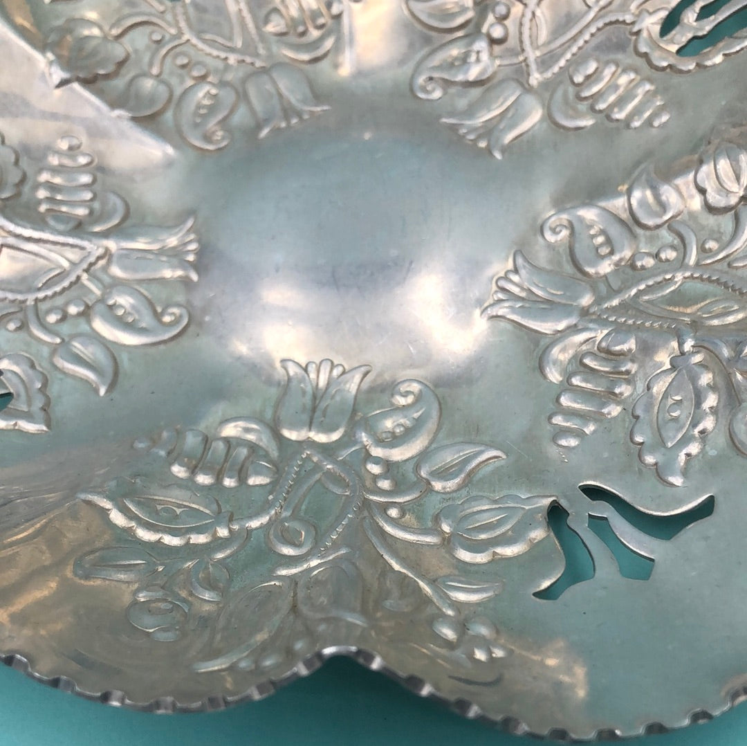 Silver embossed metal tray with handle