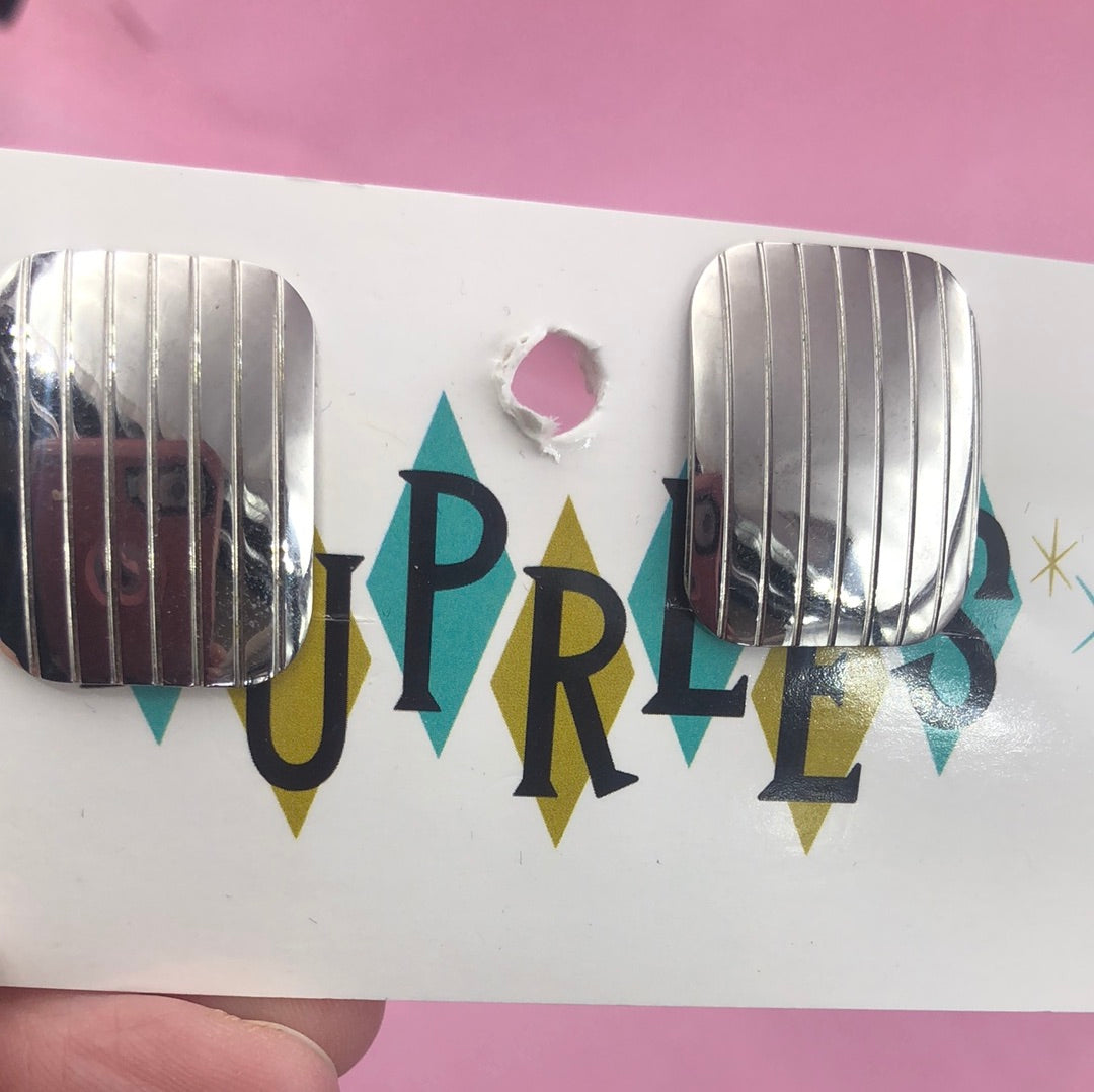 Silver Rectangle with Vertical Stripes clip on earring