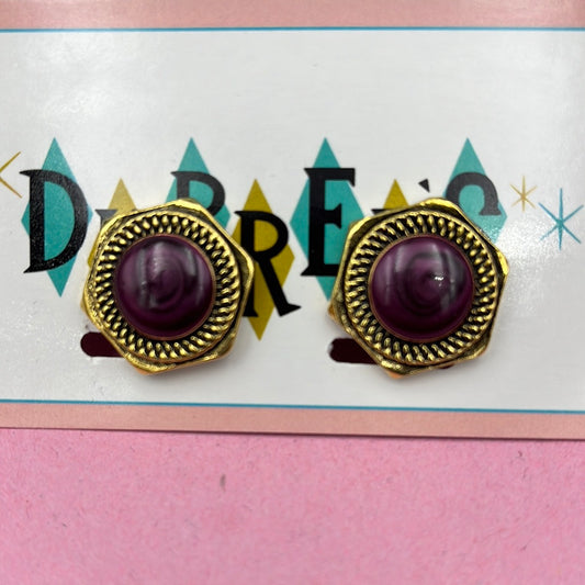 Gold hexagon with purple round center stone clip on