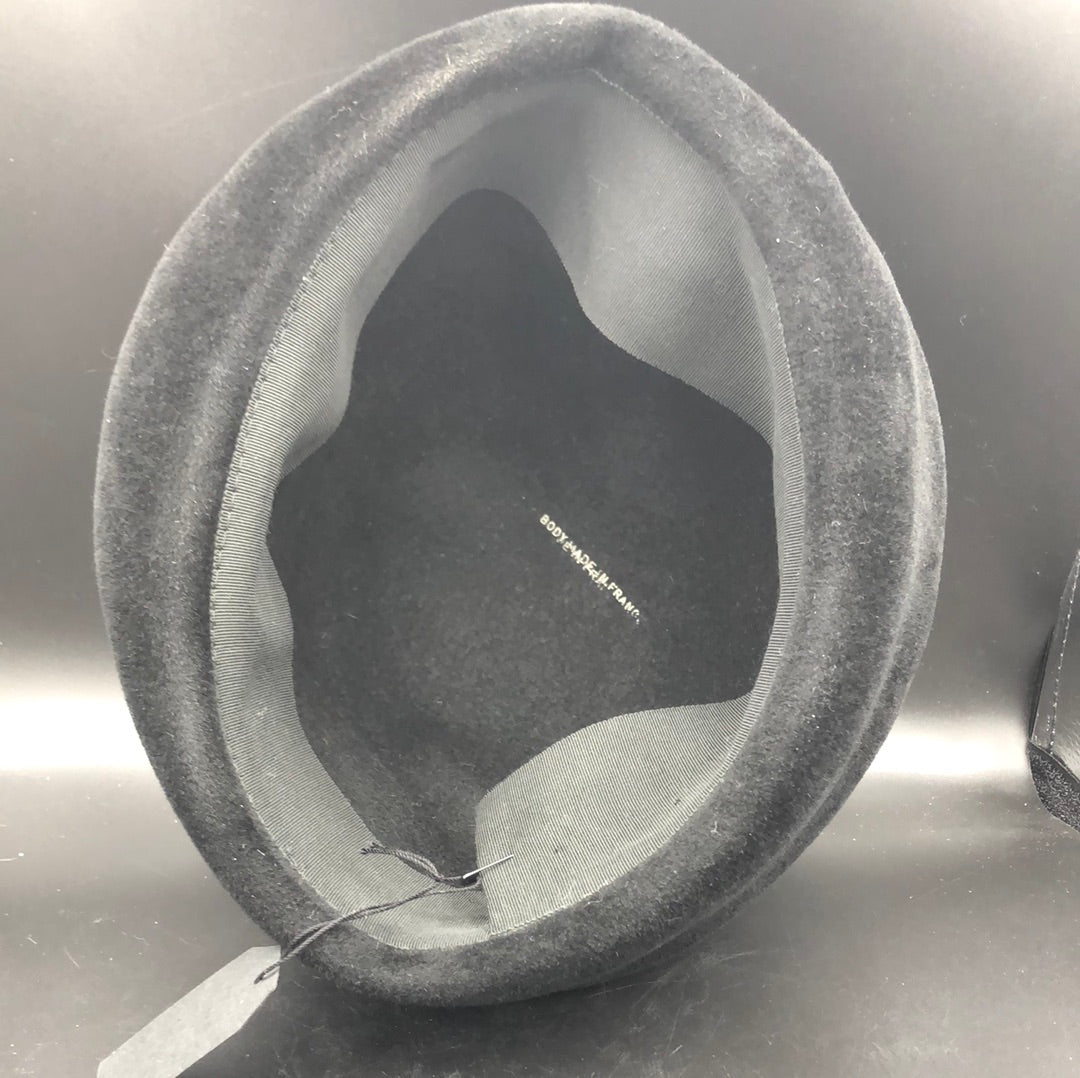 Black velvet hat with upturned brim and wide Black satin band