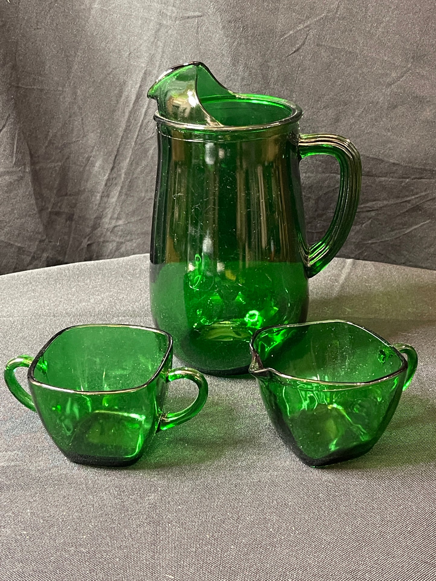 Anchor Hocking Green Pitcher with Creamer & Sugar Bowl