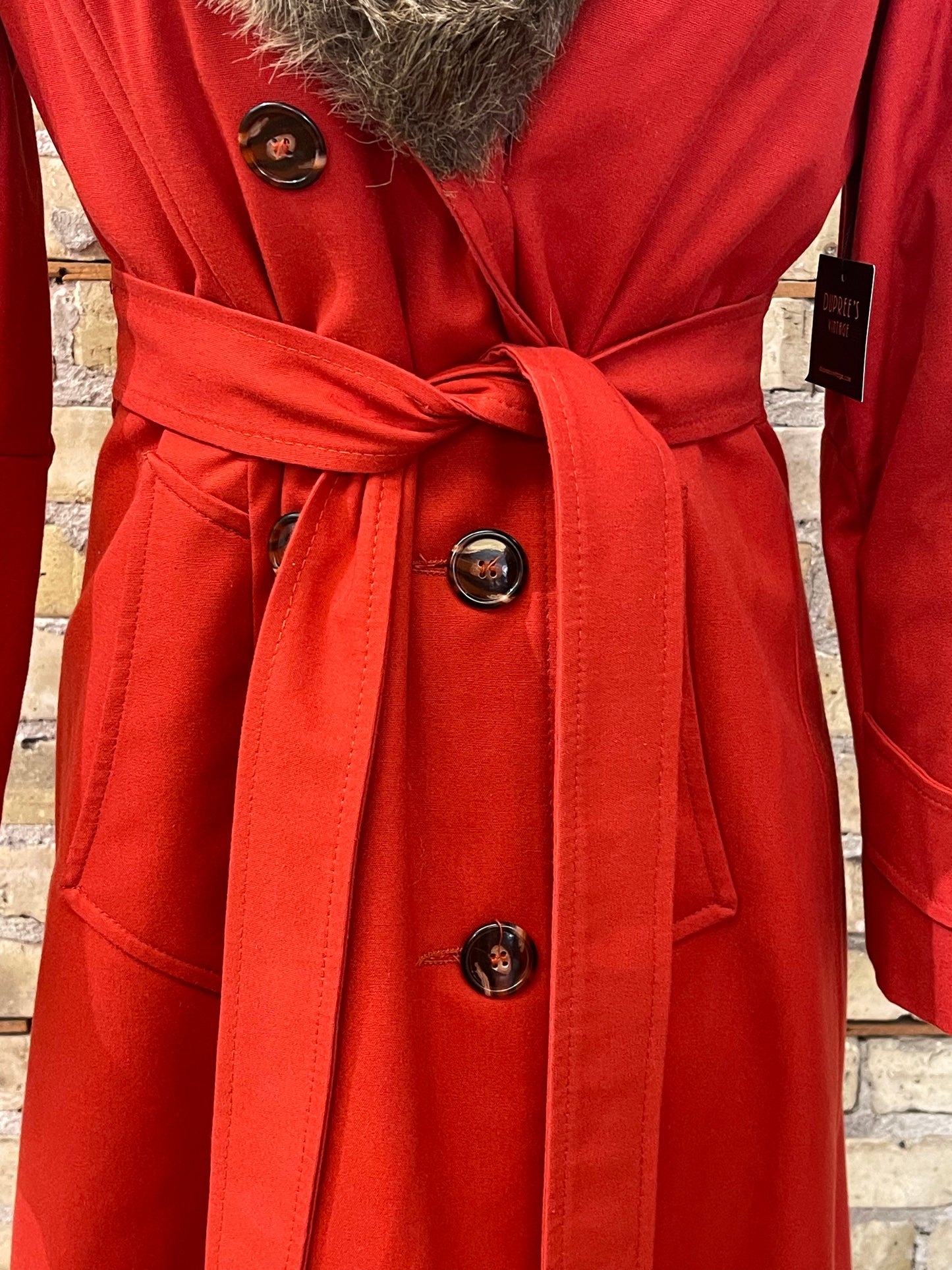 Red Winter Trench Coat with Faux Fur Collar