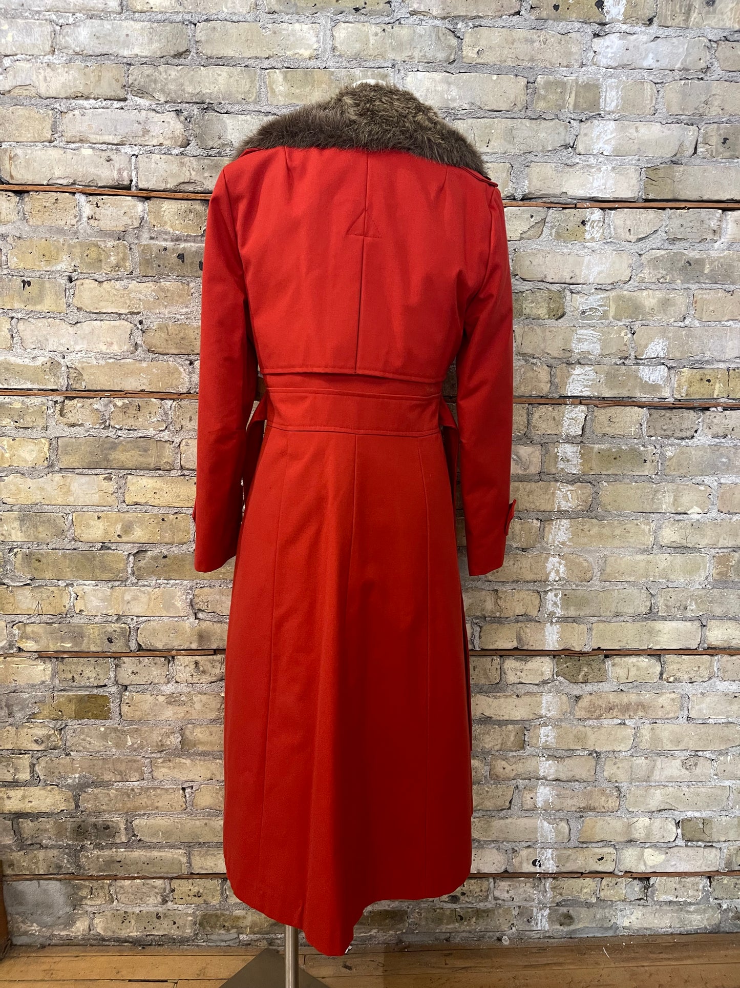 Red Winter Trench Coat with Faux Fur Collar