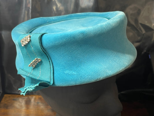 Teal Velvet Pillbox Hat with Rhinestone Accents