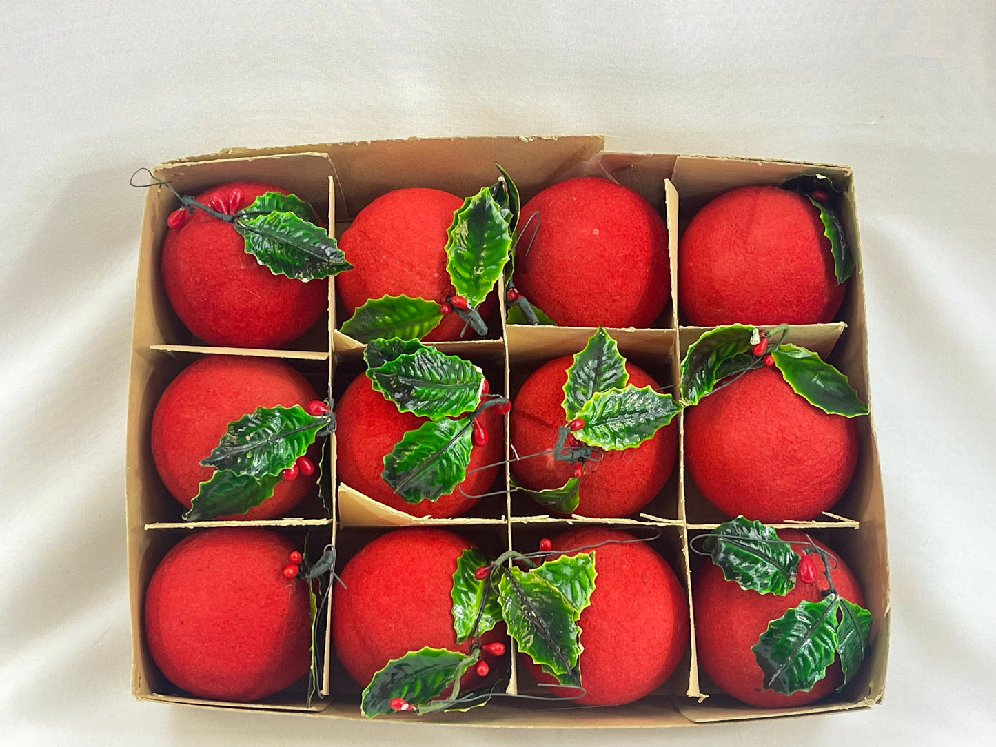 Vintage Flocked Red Ornaments with Holly Leaves & Berries