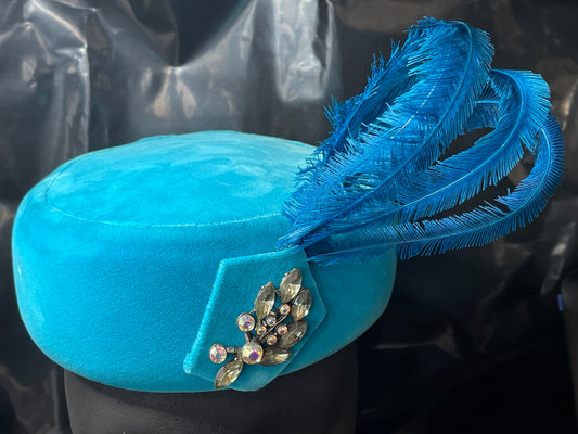 Teal Velvet Pillbox Hat with Feather Plume