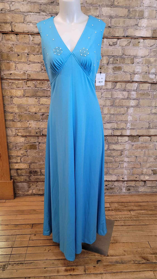 Blue 70s Maxi Dress with Sheer Cape
