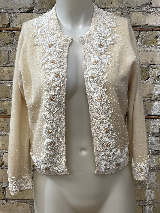 Ivory Beaded 80s Cardigan Sweater
