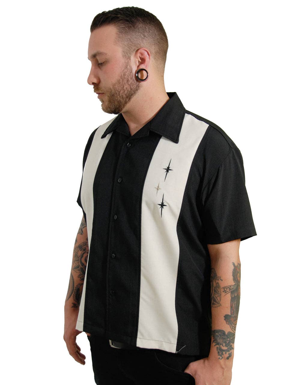 Three Star Panel Bowling Shirt in Black