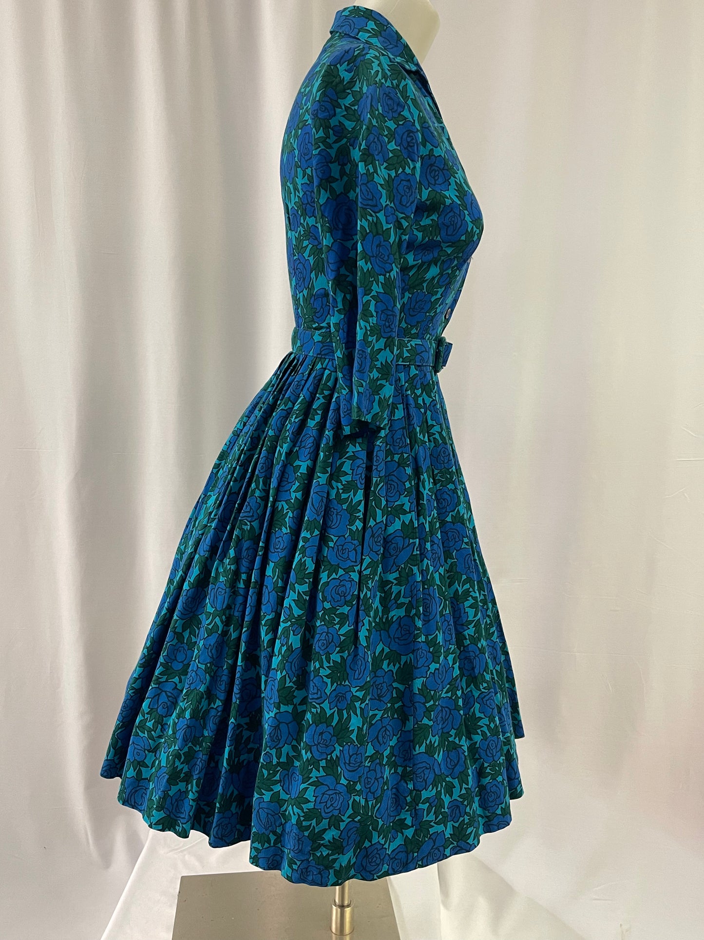 50s Blue and Green Floral Print Dress