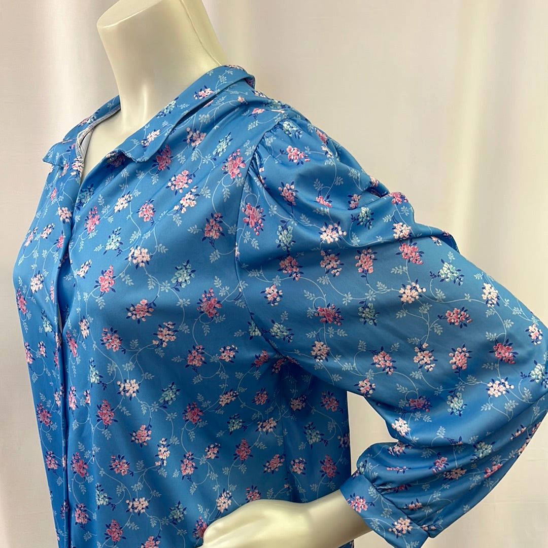 70s Blue Floral Longsleeve Blouse