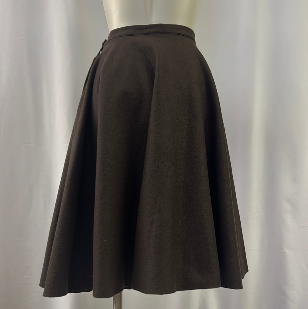 Brown Wool Swing Skirt with Leaf Embellishment