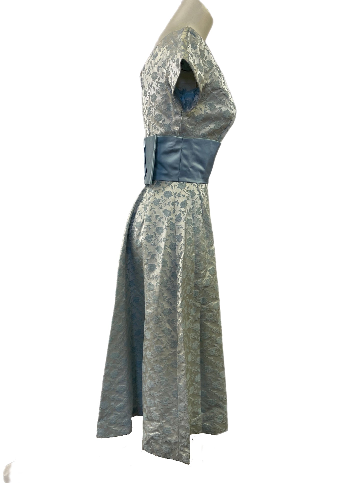 50s Blue Brocade Fit & Flare Dress