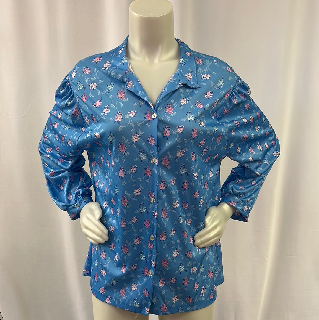 70s Blue Floral Longsleeve Blouse