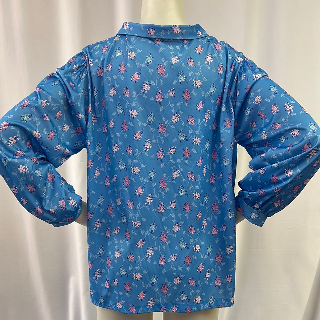 70s Blue Floral Longsleeve Blouse