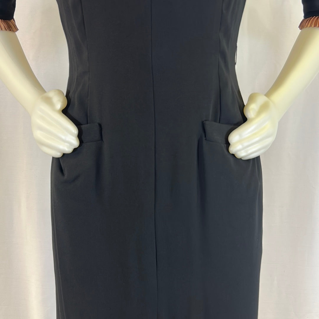 Black Crepe Dress With Copper Ruffled Collar & Cuffs