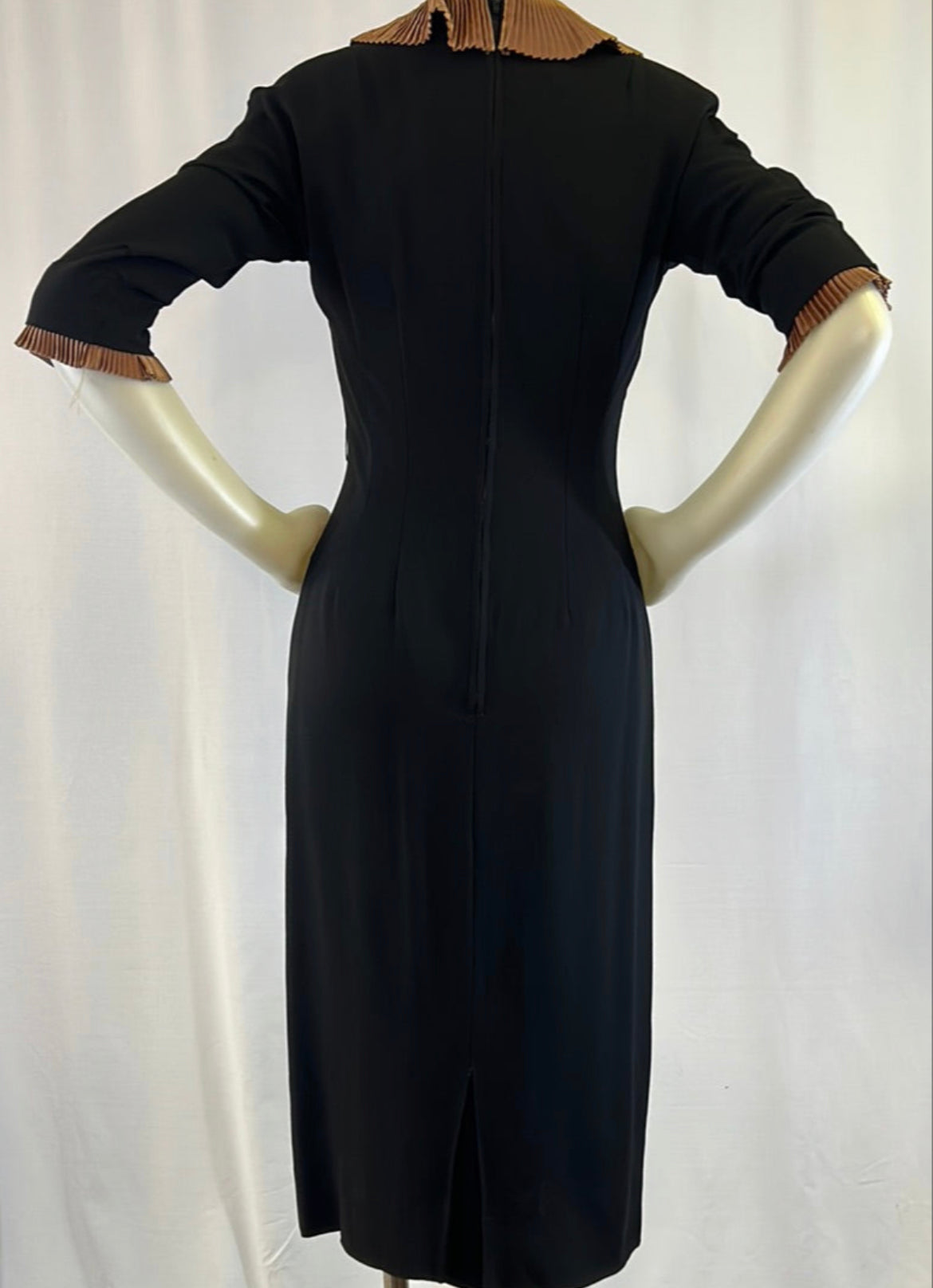 Black Crepe Dress With Copper Ruffled Collar & Cuffs