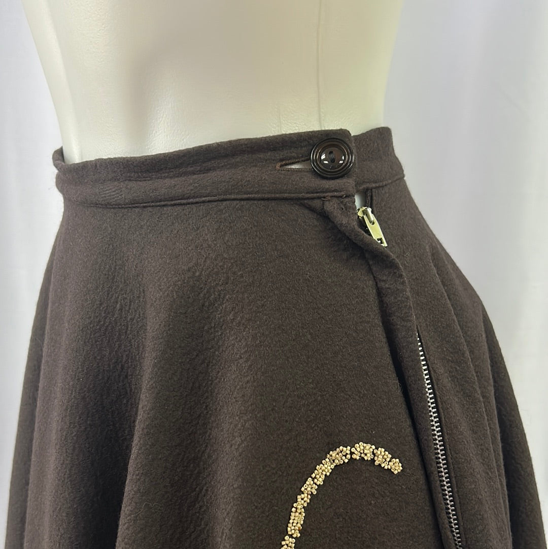 Brown Wool Swing Skirt with Leaf Embellishment