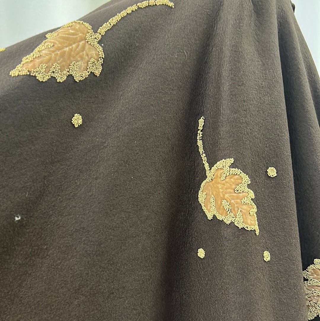 Brown Wool Swing Skirt with Leaf Embellishment