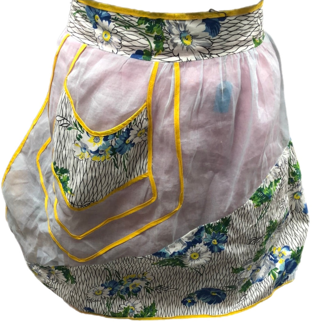 White, Blue and Yellow half apron with tie back