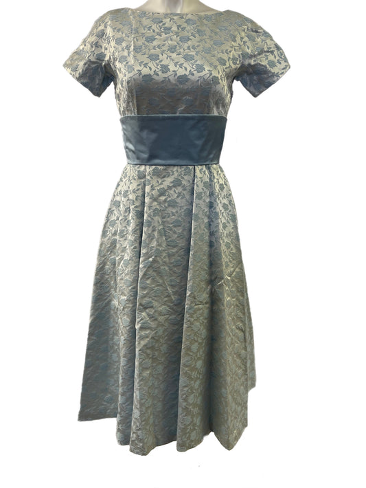 50s Blue Brocade Fit & Flare Dress
