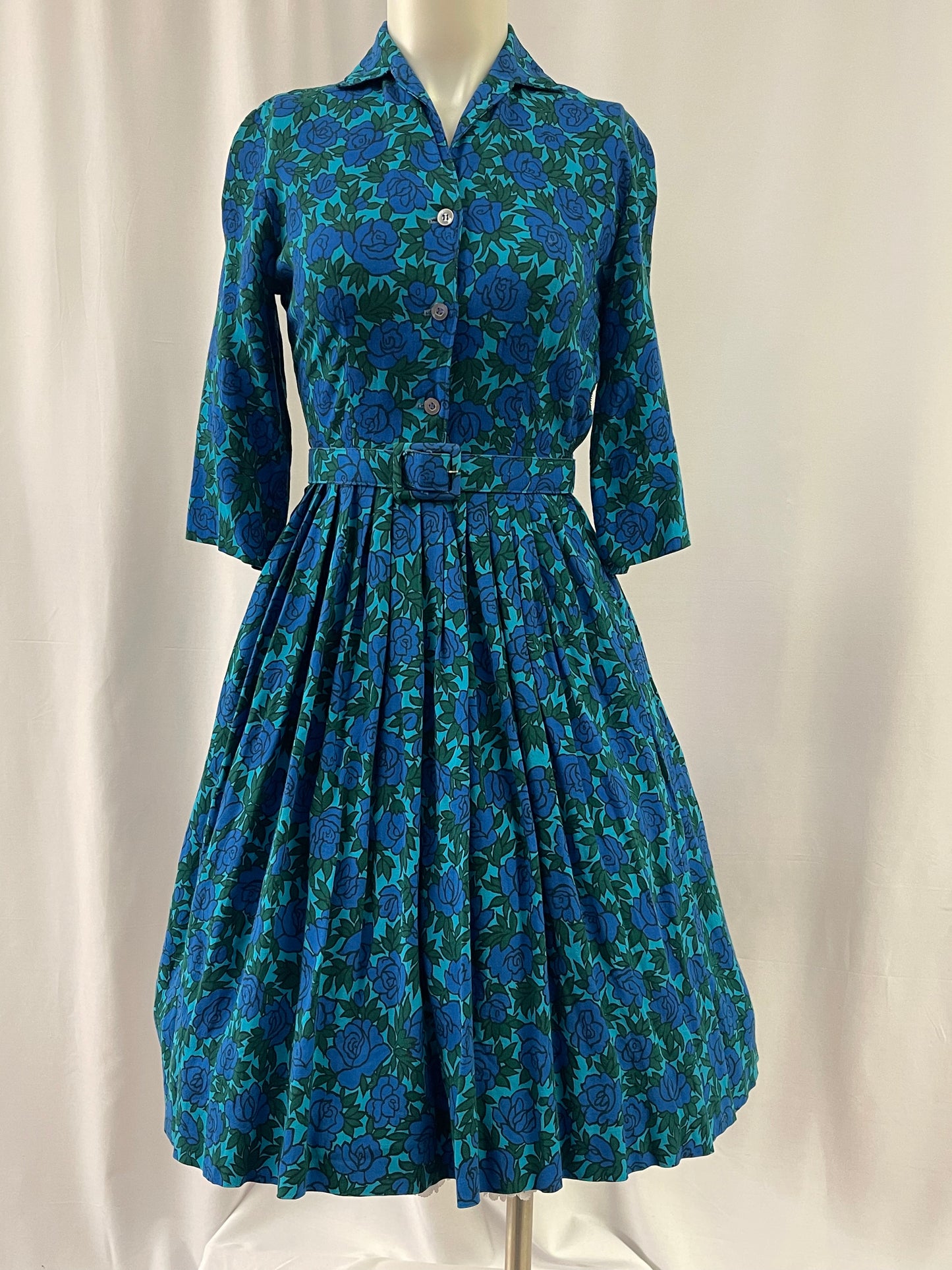 50s Blue and Green Floral Print Dress