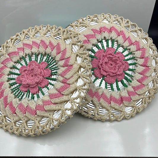 2 trivets with decorative crochet top