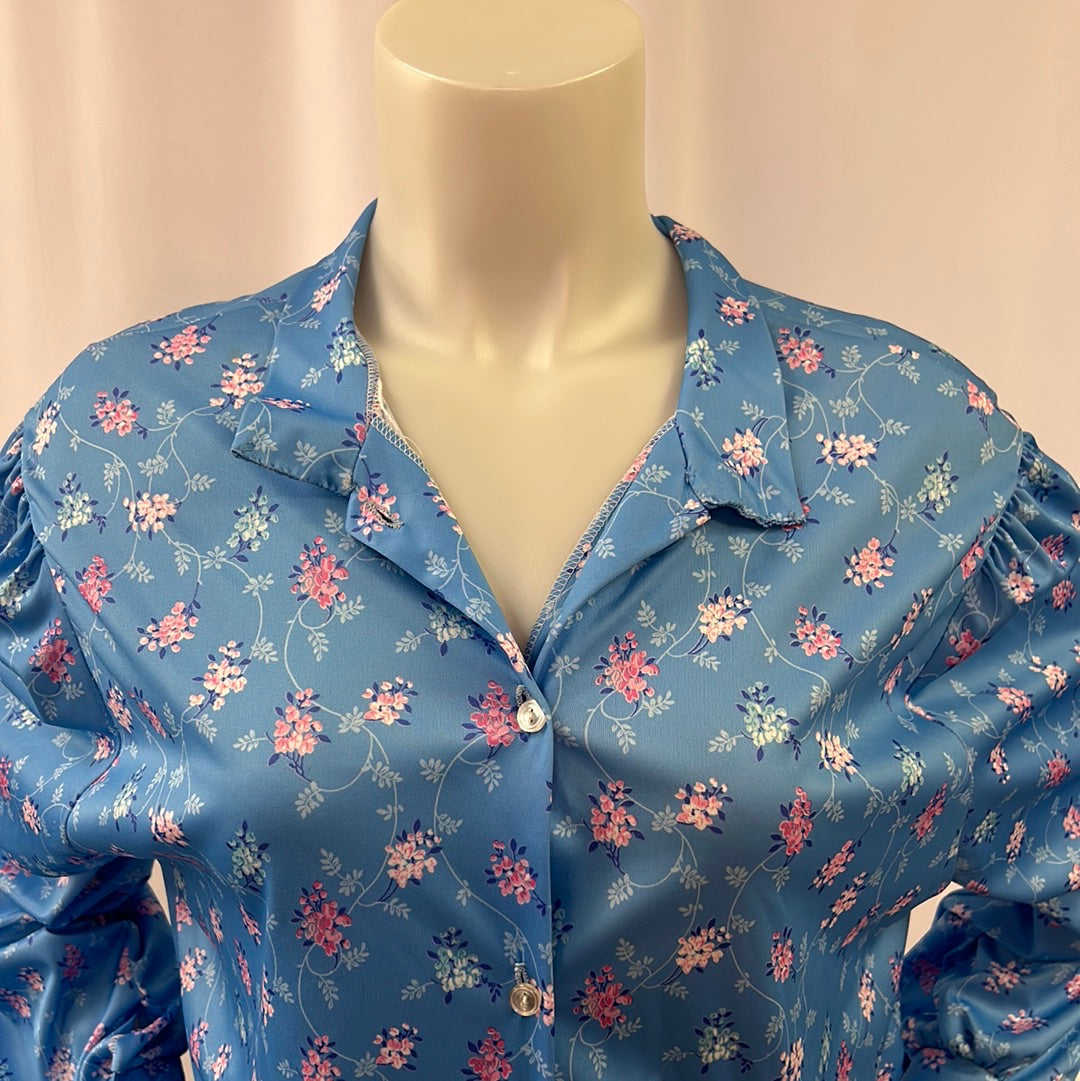 70s Blue Floral Longsleeve Blouse