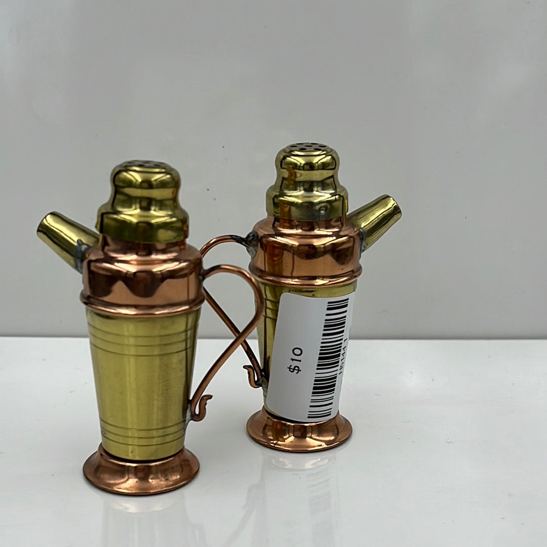 Copper and brass pitcher salt and pepper shakers