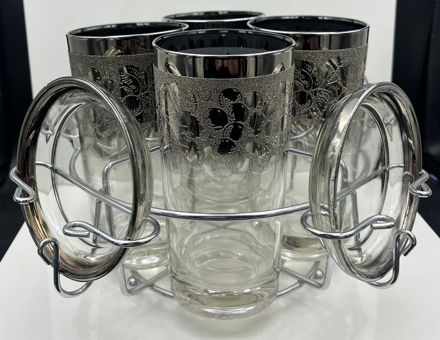 Vitreon Queens Luster set of 4 highball , 4 glass coasters, and metal caddy.