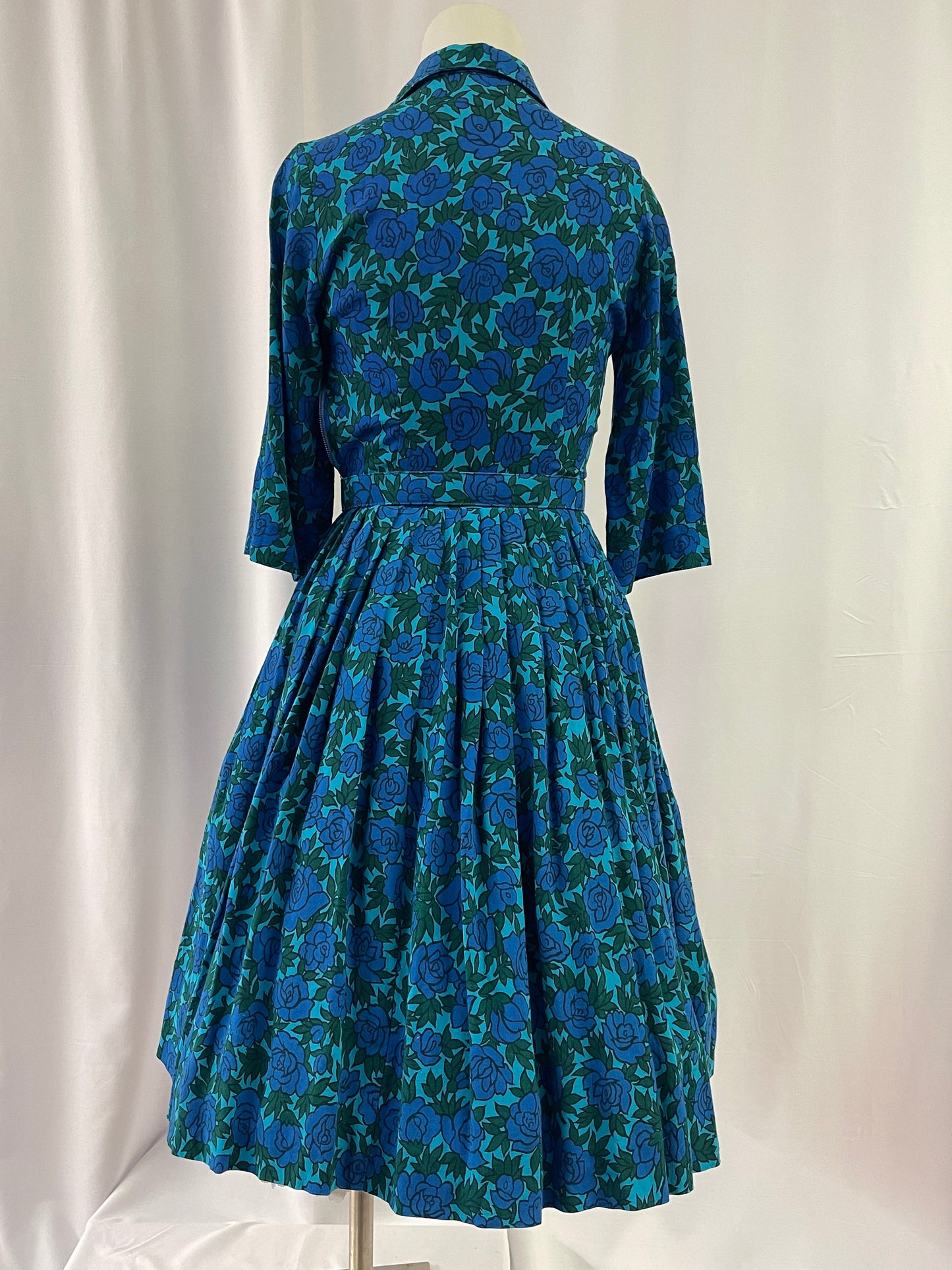 50s Blue and Green Floral Print Dress