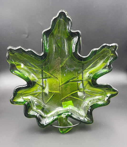 Clear Green Glass Maple Leaf Dish