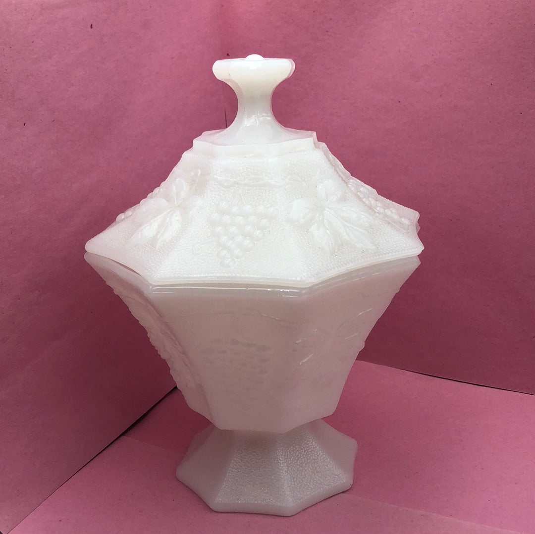 Footed Octagonal Milk Glass Covered Dish with Grape Pattern