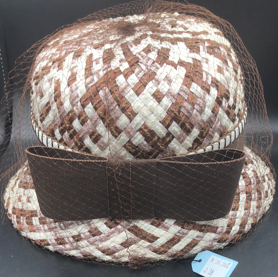 Brown and Ivory woven hat with netting
