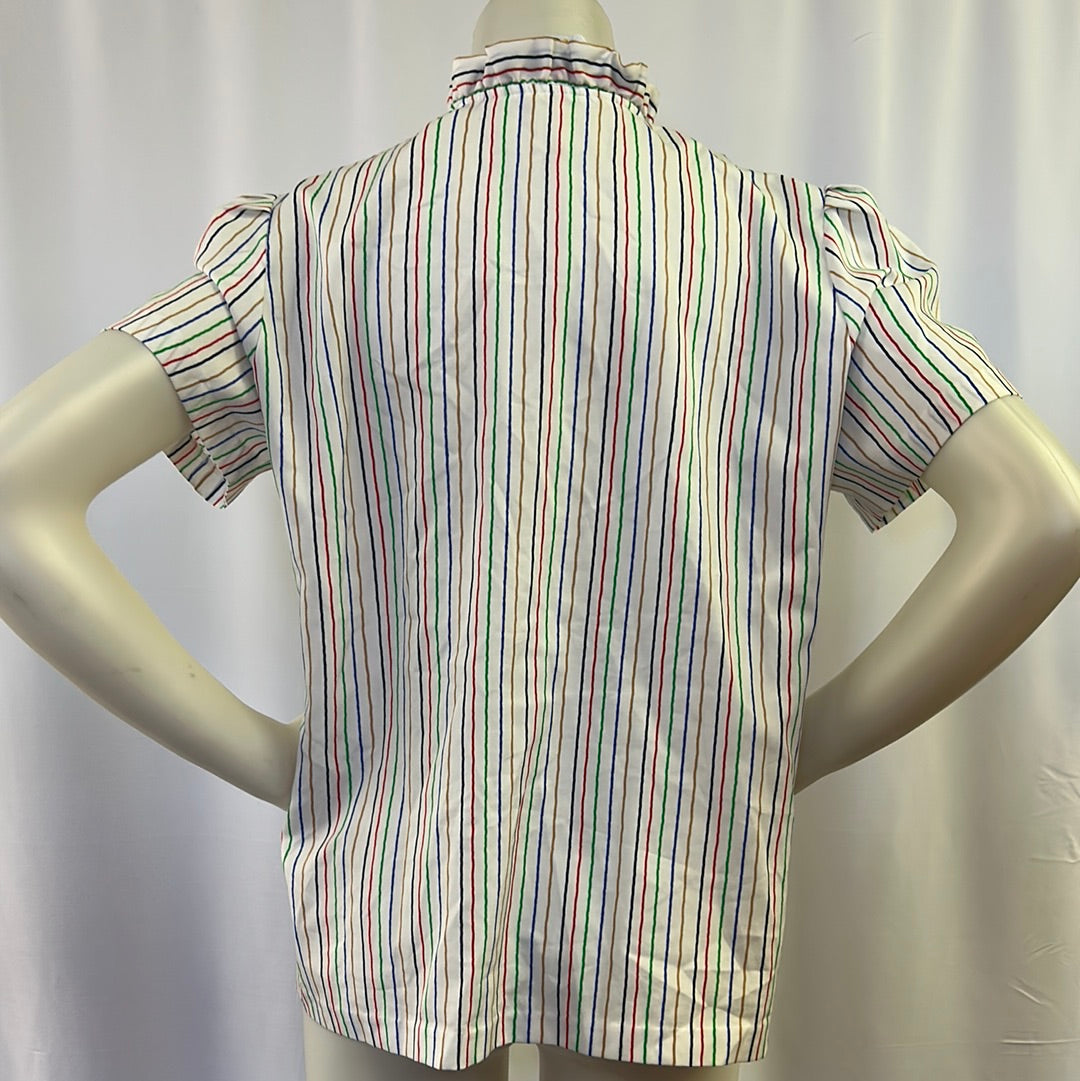 80s White Blouse with Multi-Colored Stripes